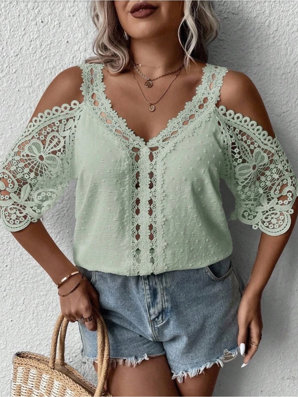 Mint Green Lace Cold-Shoulder V-Neck Blouse